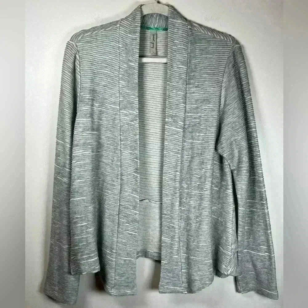 Sweet Grey Open Front Cardigan Cotton Blend Textured Stripes Women’s Size Large